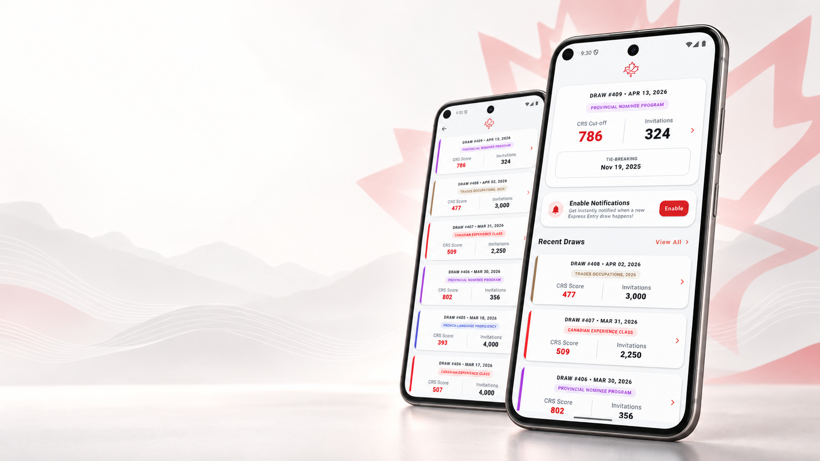 Express Entry Tracker app screens showing recent Canadian Express Entry draws
